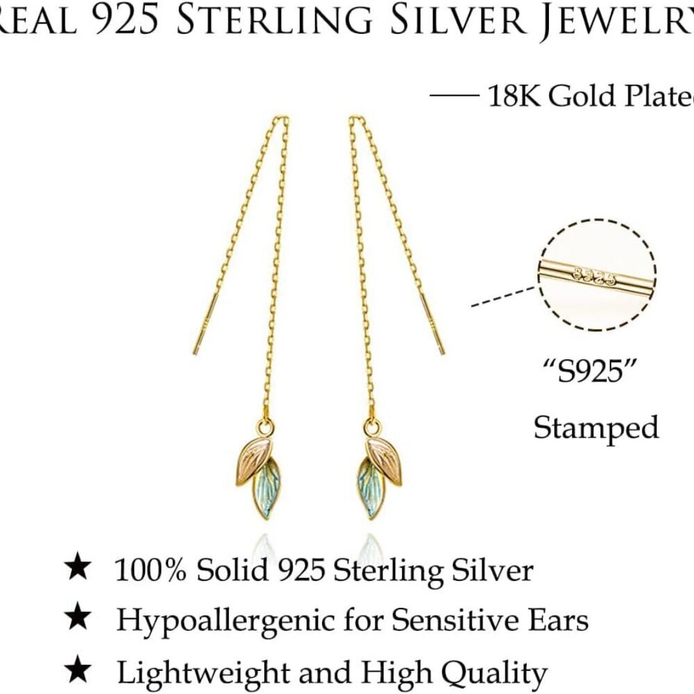 Solid 925 Sterling Silver Leaf Chain Dangle Earri… - image 6